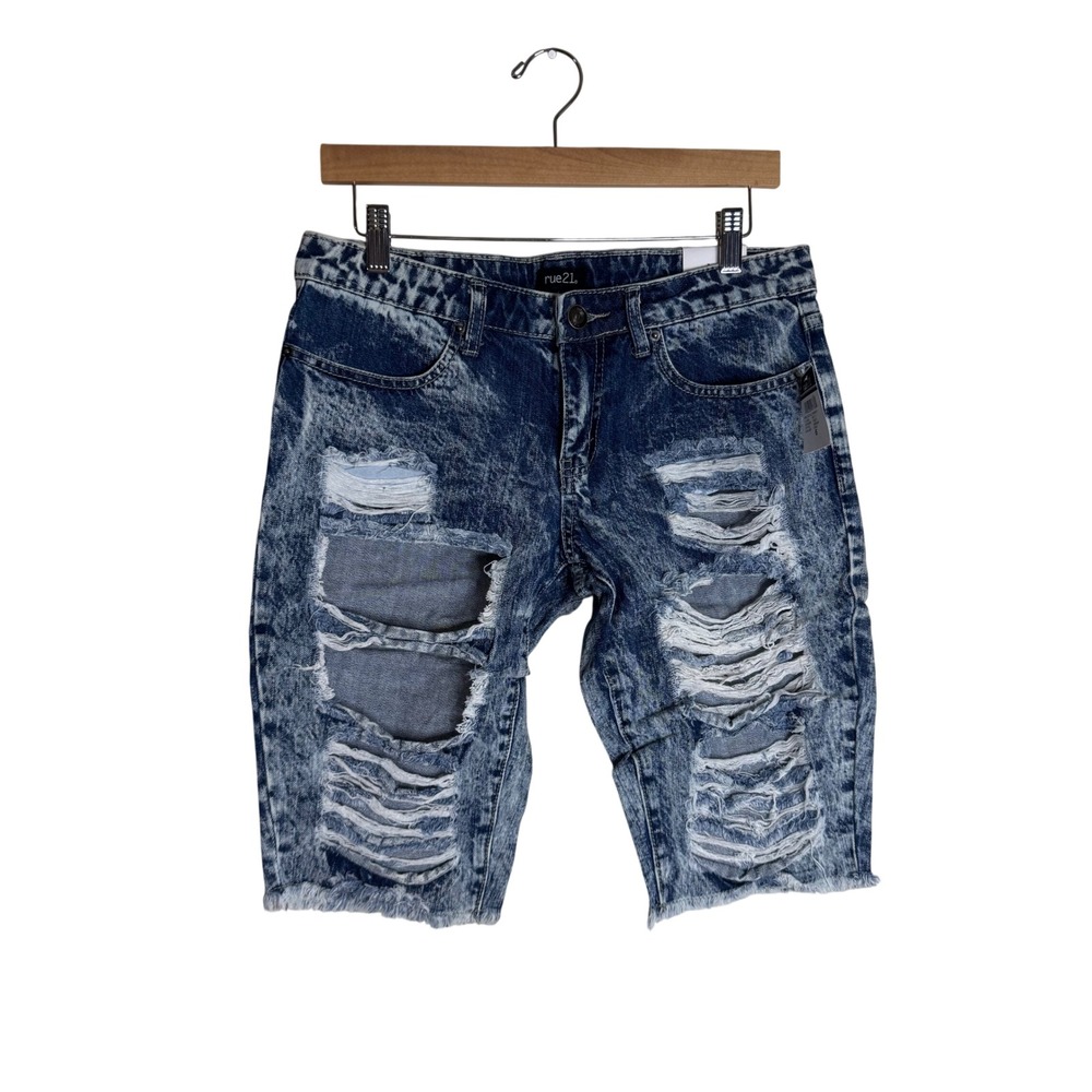 rue21 Women's Mid Rise Bermuda Acid Wash Distressed Denim Shorts 6